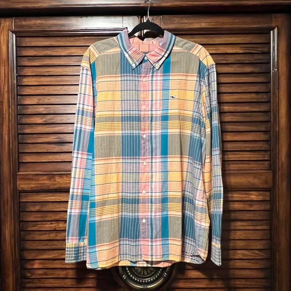 Vineyard Vines Mens XL Plaid Madras Button Down Shirt Multicolor Whale Logo